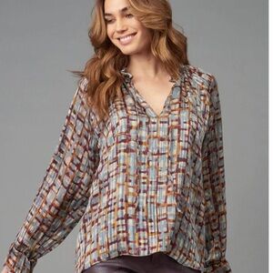 Lola‎ & Sophie sheer GeoBurnout Peasant Top -Burgundy Size Medium